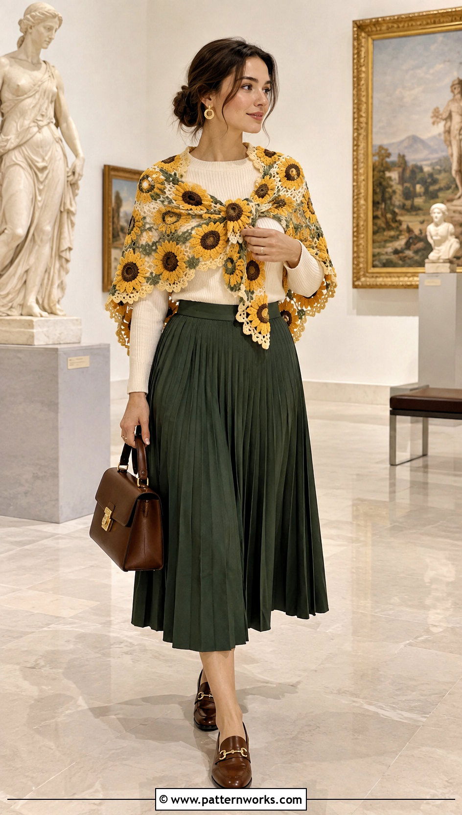 Sunflower Crochet Shawl With Pleated Midi Skirt - 18 Sunflower Crochet Shawl outfit ideas