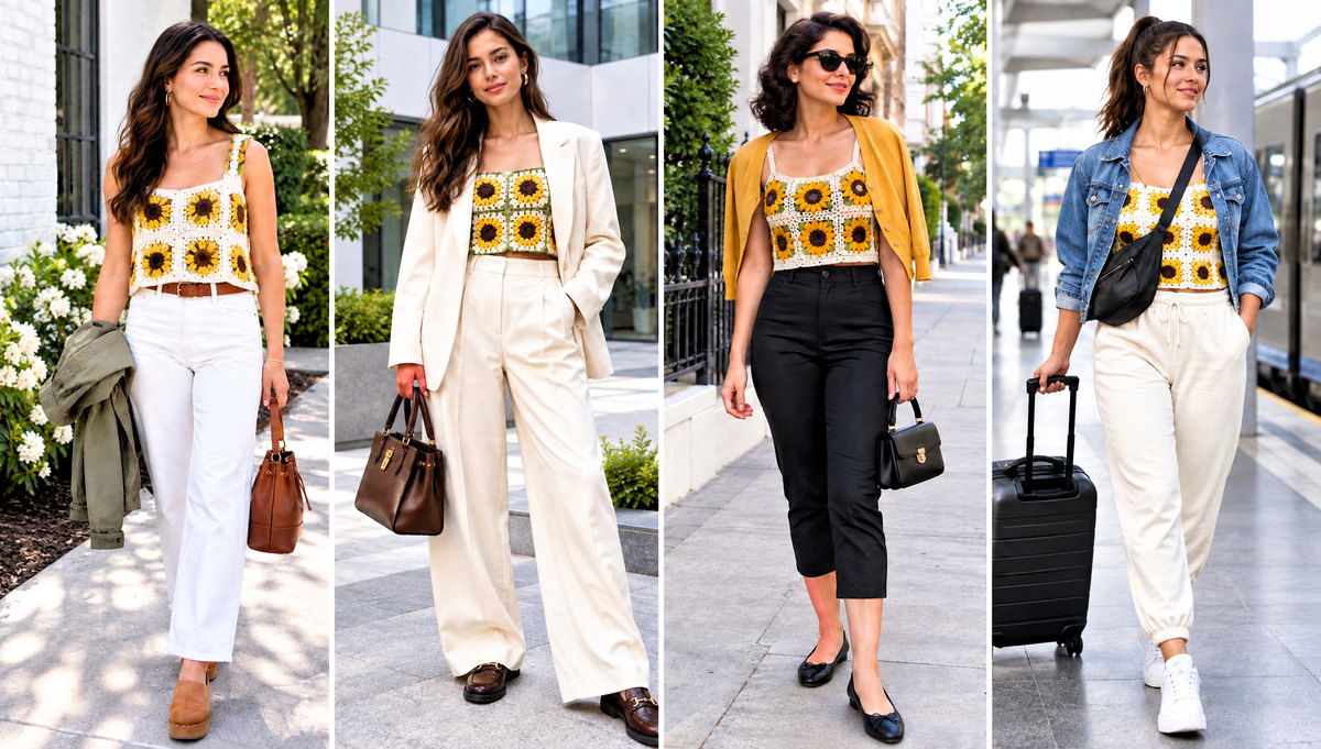 24 Sunflower Granny Square Top Outfit Ideas for a Boho Look