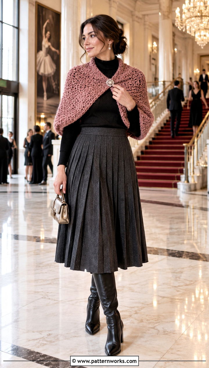 Super Bulky Crochet Shawl With Pleated Midi Skirt - 18 Super Bulky Crochet Shawl outfit ideas