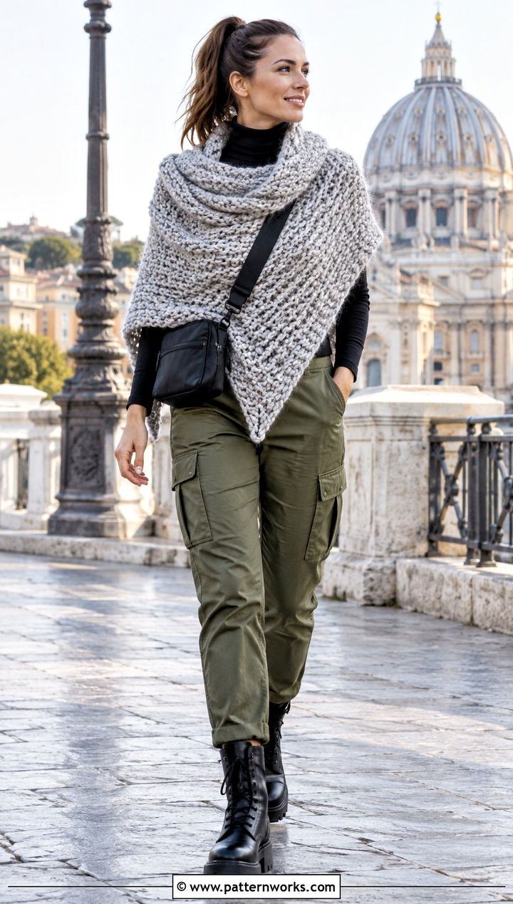 Super Bulky Crochet Shawl With Turtleneck And Cargo Pants - 18 Super Bulky Crochet Shawl outfit ideas