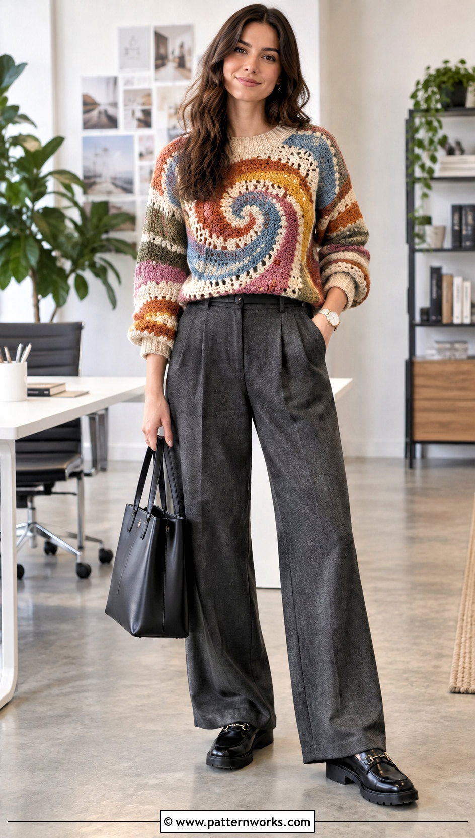 Swirl Crochet Sweater With Tailored Trousers - 24 swirl crochet sweater outfit ideas