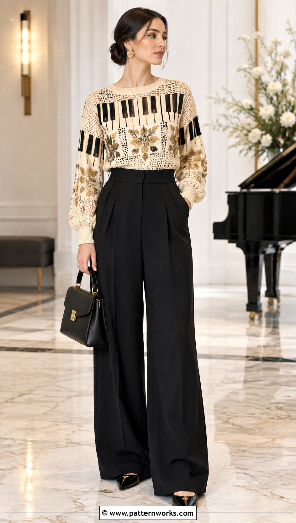 Taylor Swift Piano Crochet Sweater With Black Trousers - 24 taylor swift crochet sweater outfit ideas