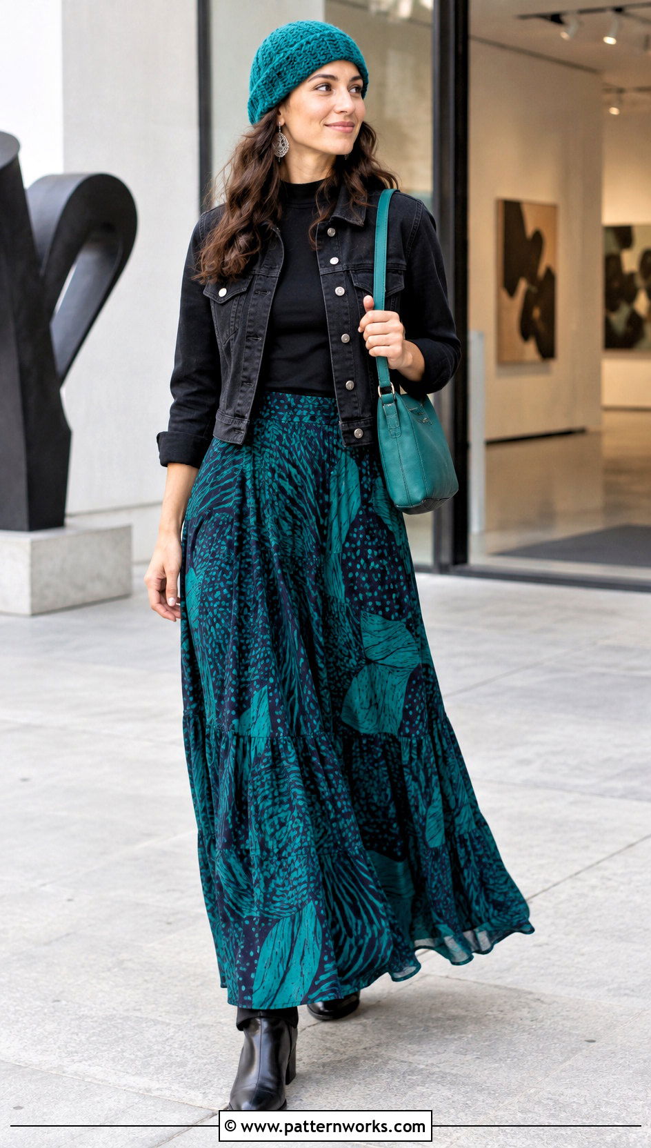 Teal Short Row Crochet Hat With Maxi Skirt - 24 short row crochet hat outfit ideas