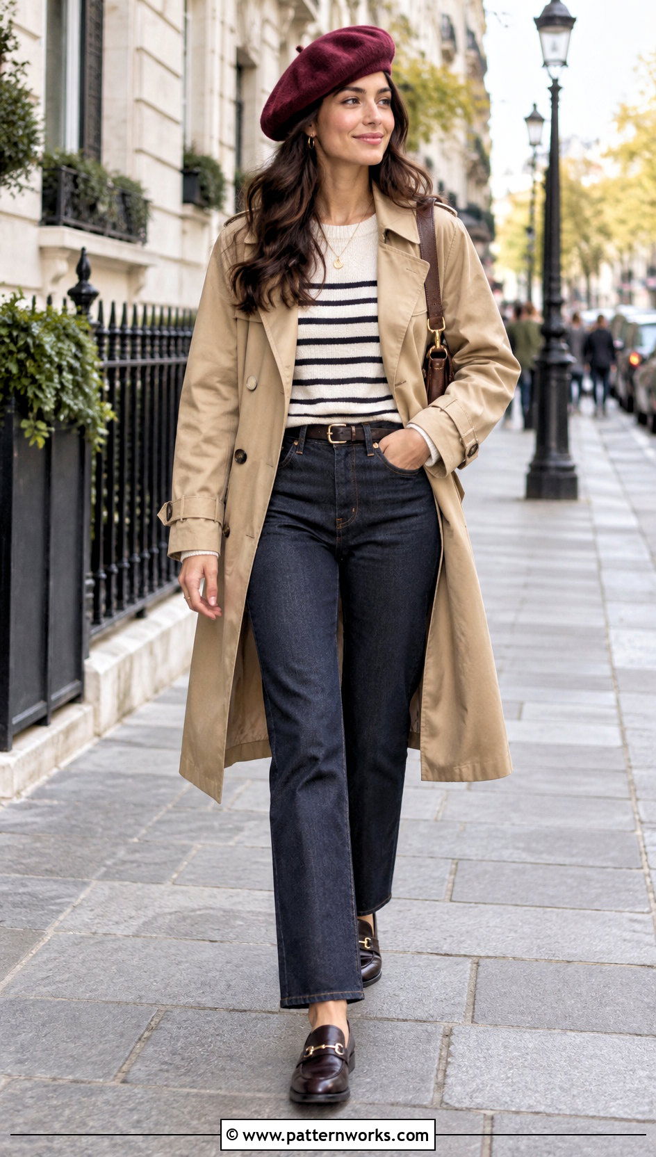 Textured Crochet Beret With Trench Coat And Tailored Jeans - 18 Textured Crochet Hat outfit ideas