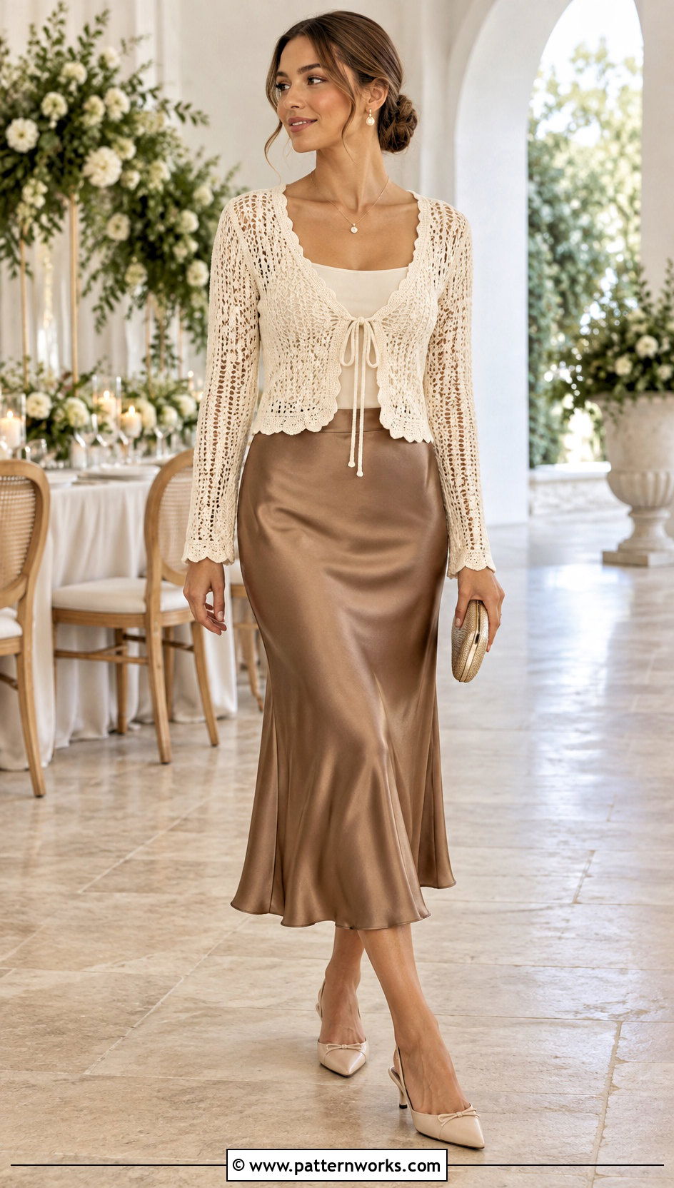 Tie Front Crochet Cardigan Outfit With Satin Midi Skirt - 18 Crochet Cardigan For Women Sweater Coats outfit ideas