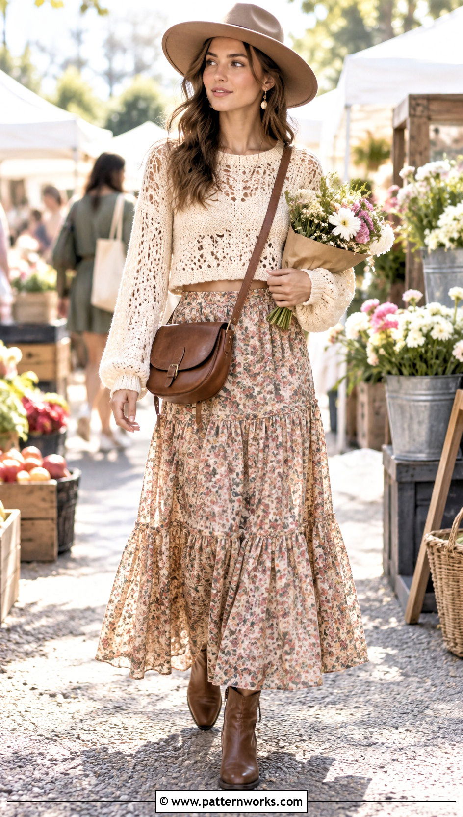 Top Down Crochet Sweater With Tiered Maxi Skirt - 30 top down crochet sweater outfit ideas