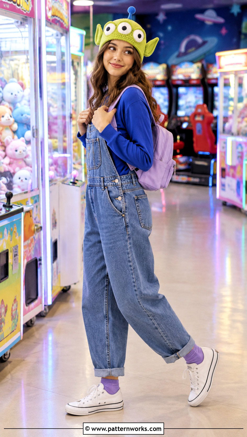 Toy Story Alien Crochet Beanie With Denim Overalls - 24 Crochet Disney Beanie outfit ideas
