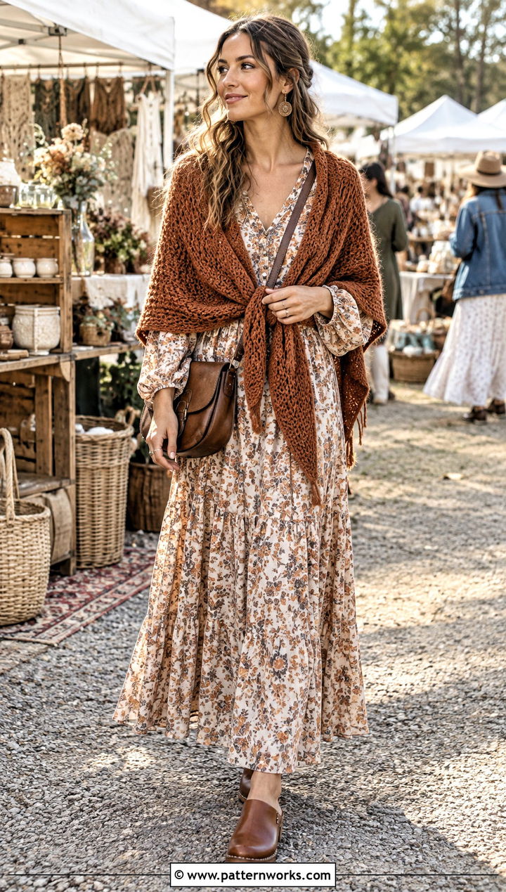 Tunisian Crochet Triangle Shawl With Boho Maxi Dress - 24 Tunisian Crochet Triangle Shawl outfit ideas