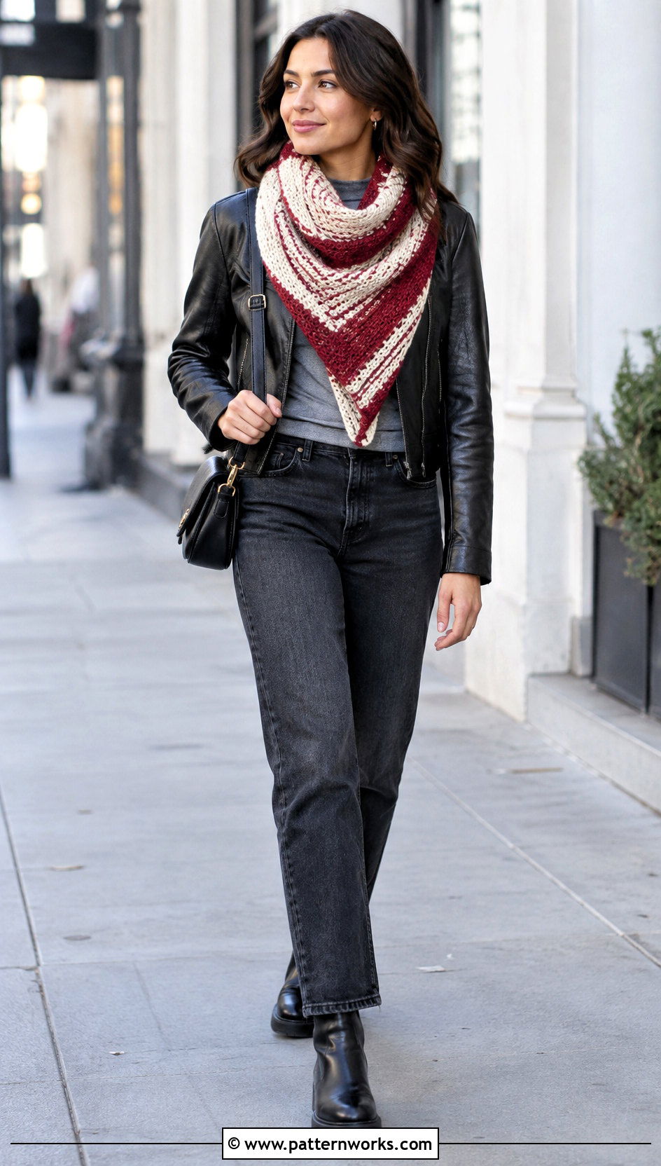 Tunisian Crochet Triangle Shawl With Leather Jacket And Jeans - 24 Tunisian Crochet Triangle Shawl outfit ideas