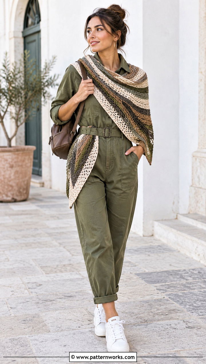Tunisian Crochet Triangle Shawl With Utility Jumpsuit - 24 Tunisian Crochet Triangle Shawl outfit ideas