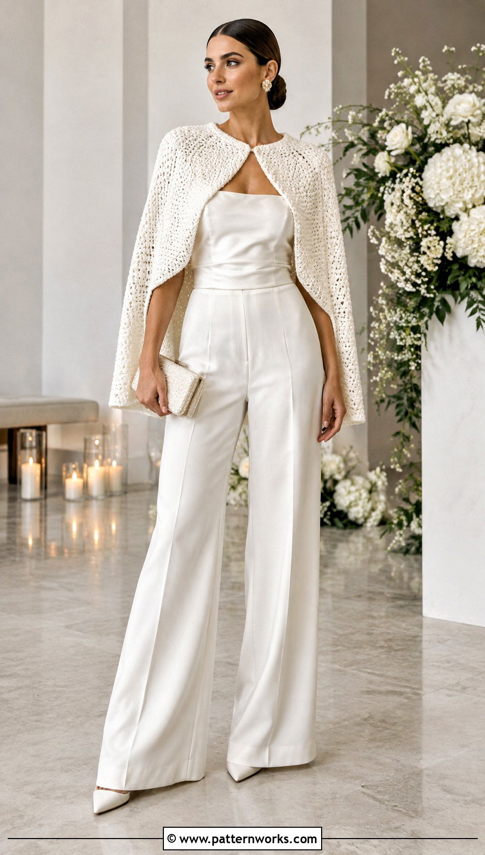 Tunisian Crochet Wedding Cape With Wide Leg Trousers - 24 Crochet Wedding Cape outfit ideas