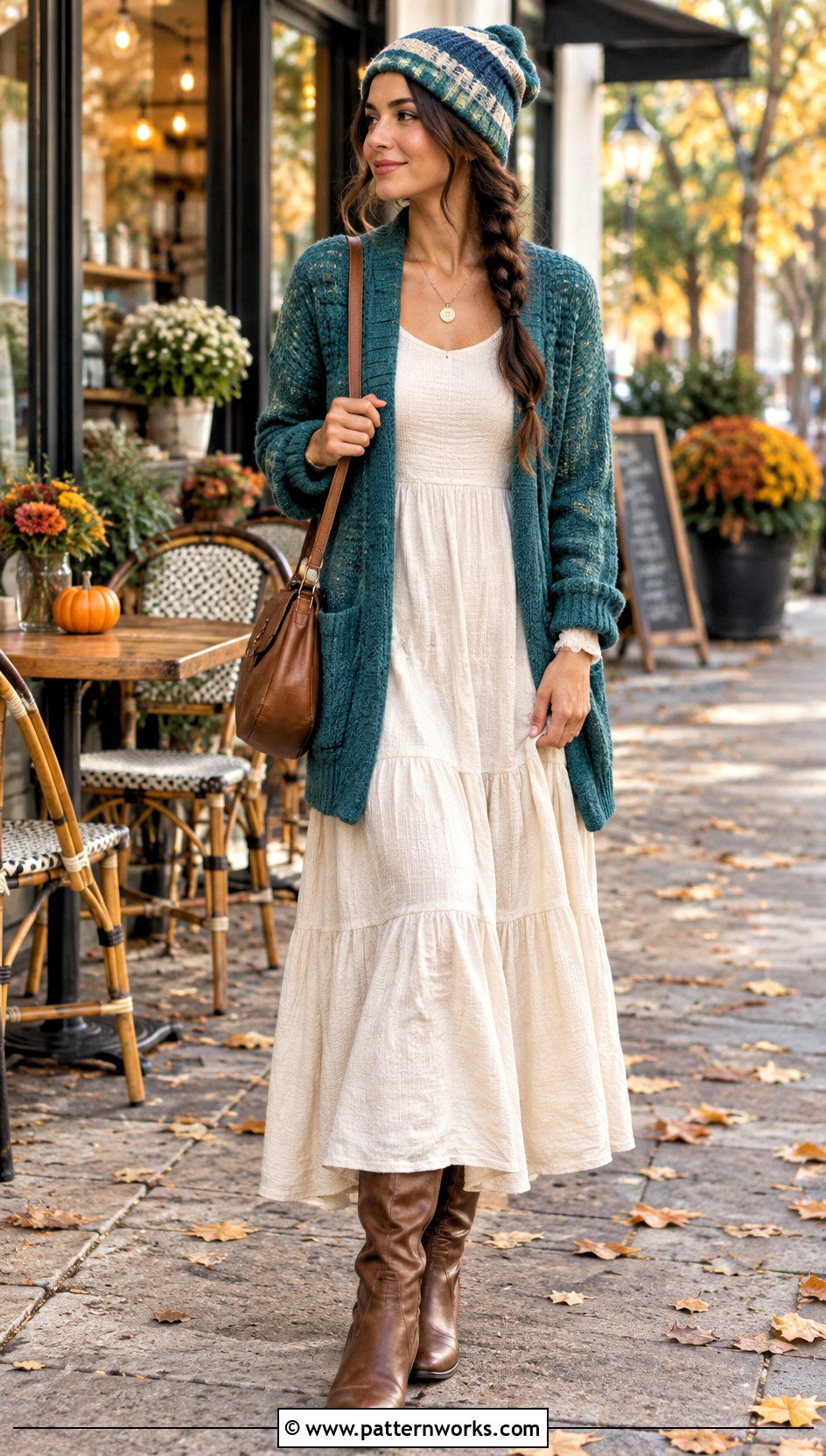 Two Tone Crochet Beanie With Maxi Dress And Cardigan - 18 two tone crochet beanie outfit ideas