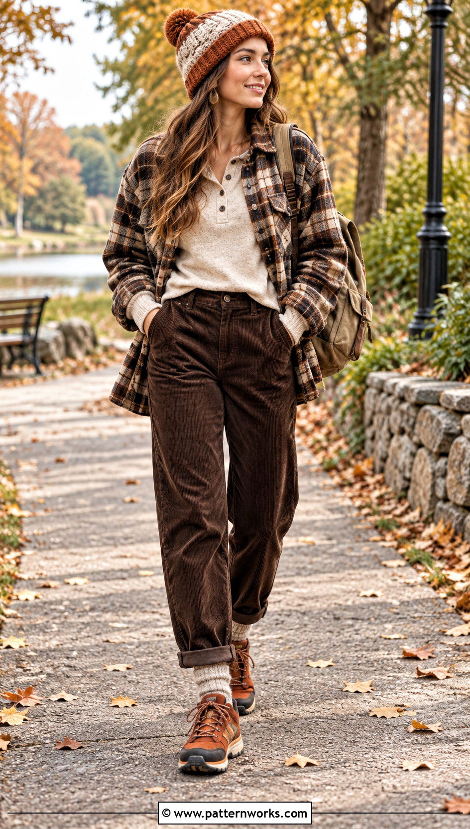 Two Tone Crochet Beanie With Plaid Shacket And Corduroy Pants - 18 two tone crochet beanie outfit ideas