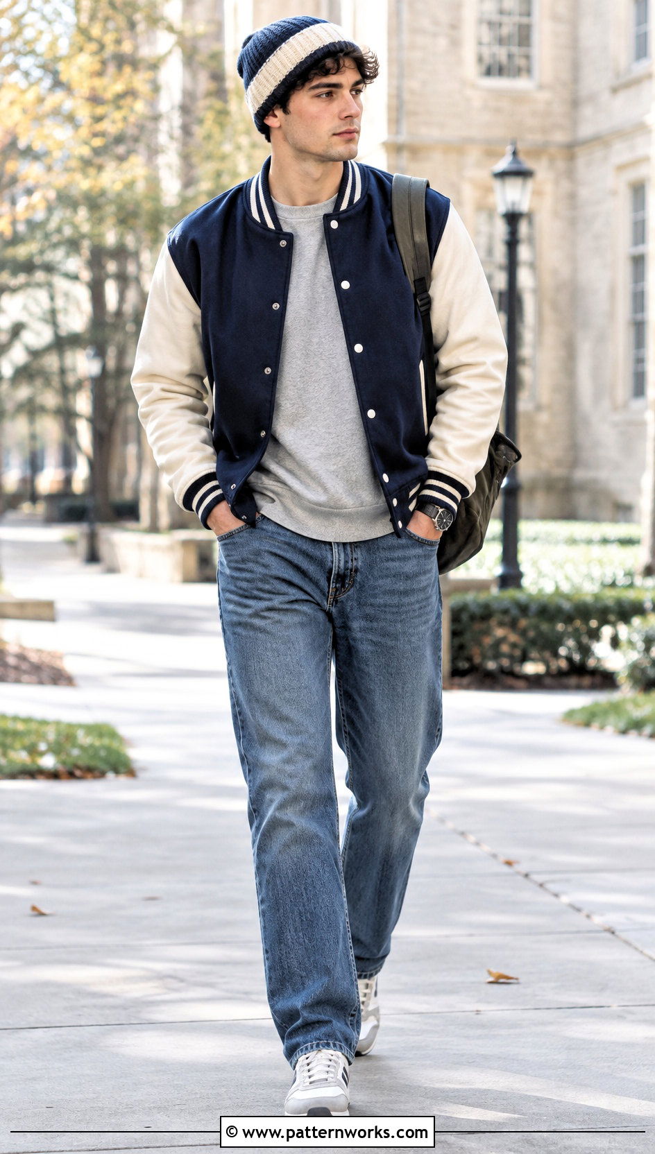 Two Tone Crochet Beanie With Varsity Jacket - 24 men's crochet hats outfit ideas