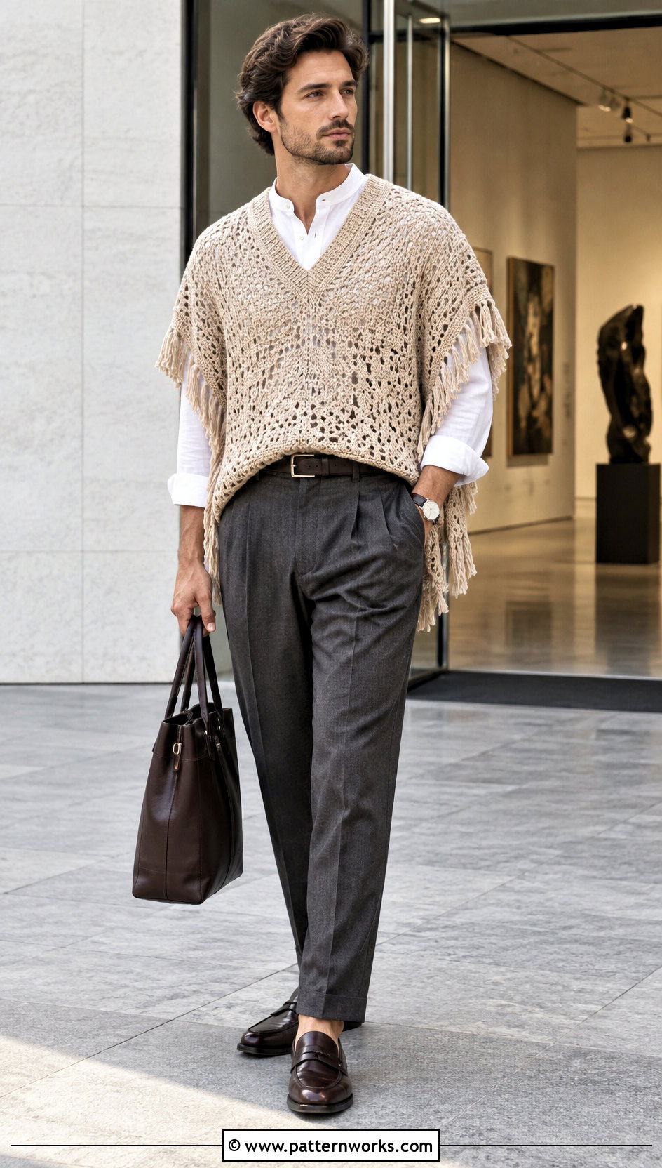 V Neck Crochet Poncho Outfit With Pleated Trousers - 24 mens crochet poncho outfit ideas