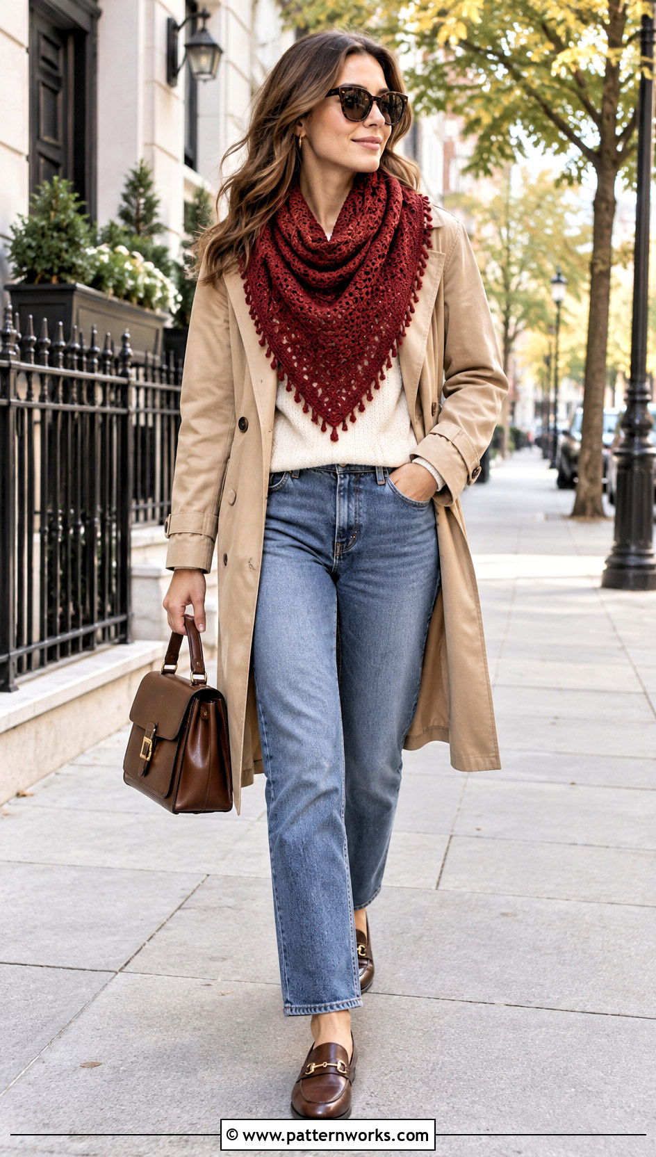 V Shaped Crochet Shawl With Trench Coat And Jeans - 18 V Shaped Crochet Shawl outfit ideas
