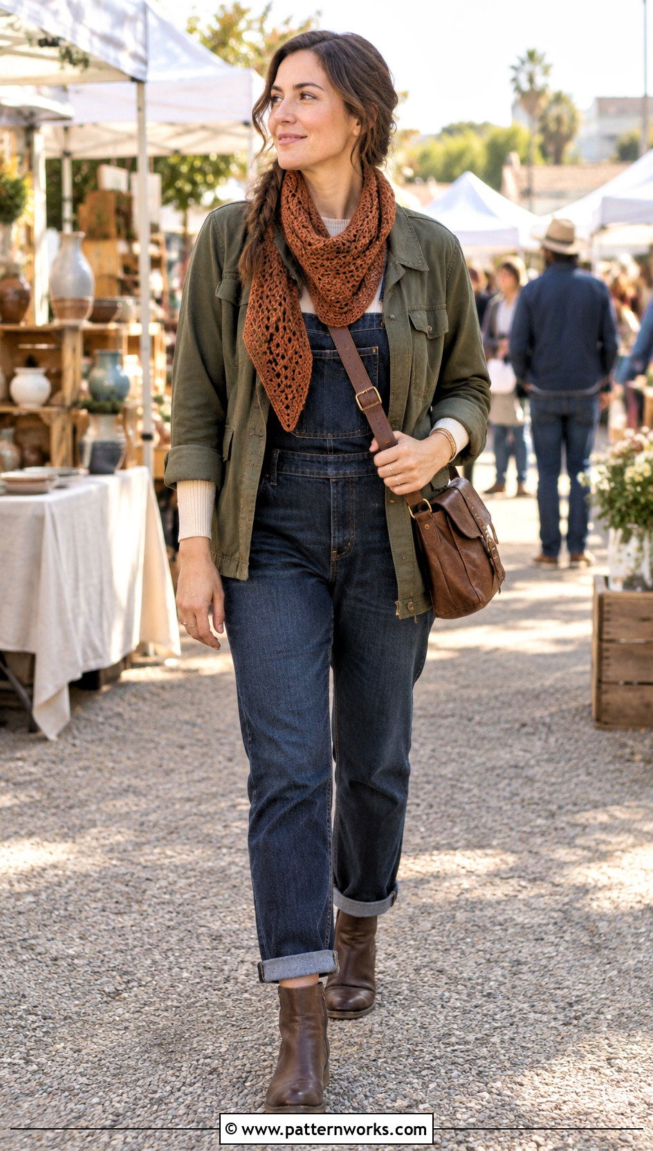 V Stitch Crochet Scarf With Chore Jacket And Overalls - 24 v stitch crochet scarf outfit ideas