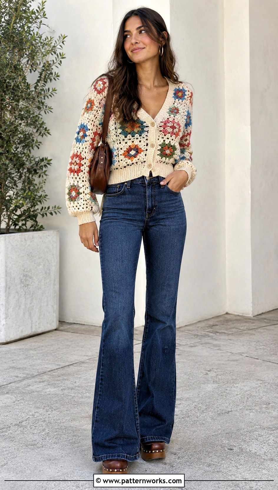 Vintage Flower Cardigan With Flared Jeans - 24 crochet flowers cardigan outfit ideas