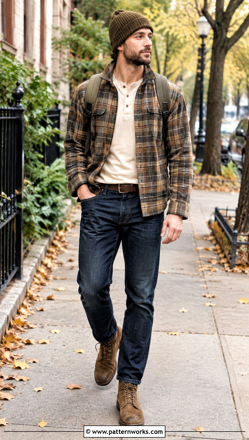 Waffle Stitch Crochet Beanie With Flannel Shirt - 24 men's crochet hats outfit ideas