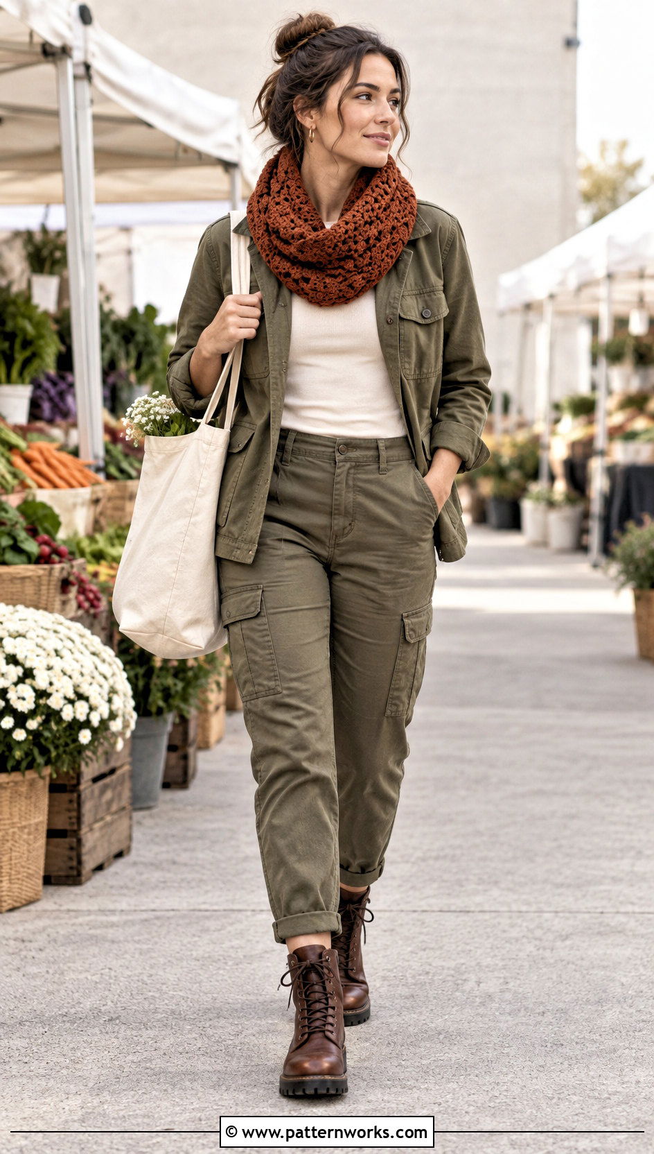 Waffle Stitch Crochet Chunky Cowl With Utility Jacket - 30 crochet chunky cowl outfit ideas