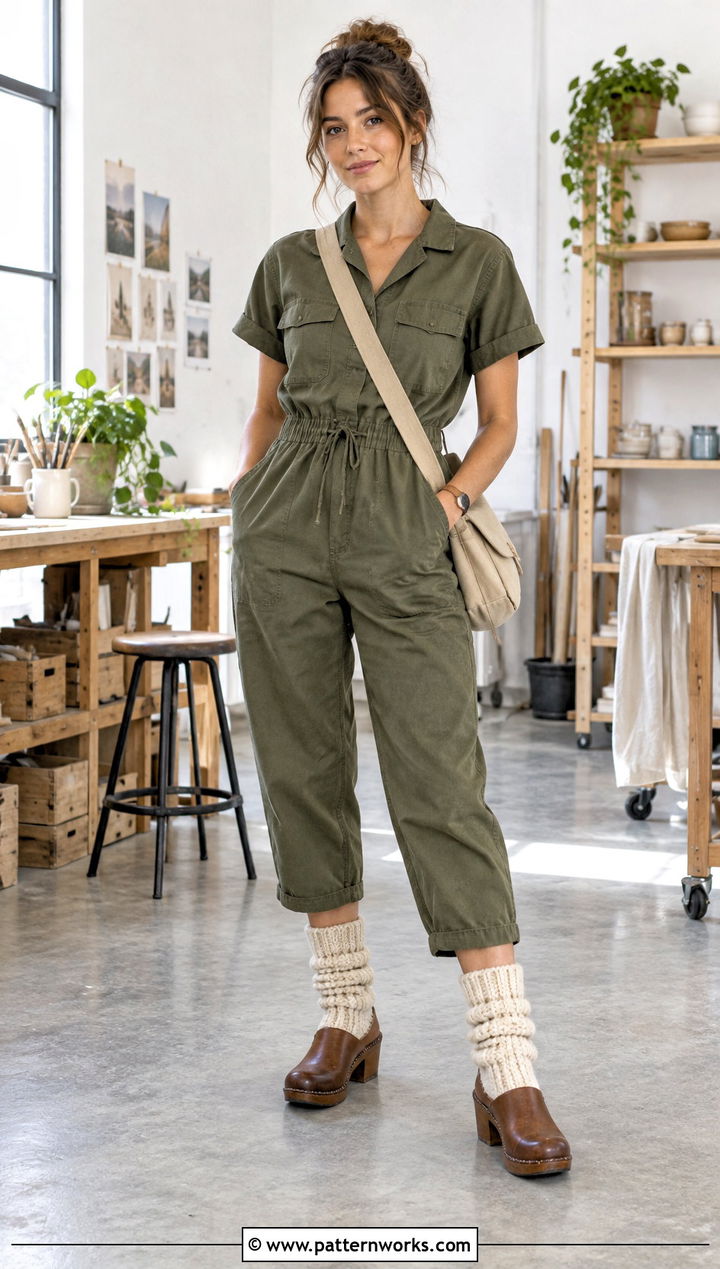 Waffle Stitch Crochet Leg Warmers With Utility Jumpsuit - 30 cute crochet leg warmers outfit ideas