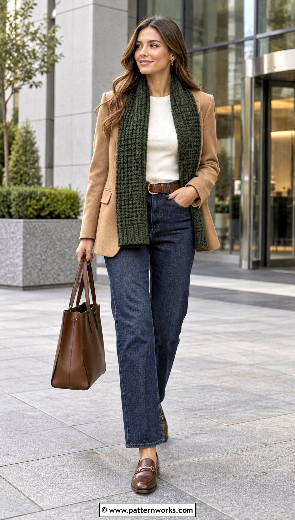 Waffle Stitch Crochet Scarf With Blazer And Jeans - 30 waffle stitch crochet scarf outfit ideas