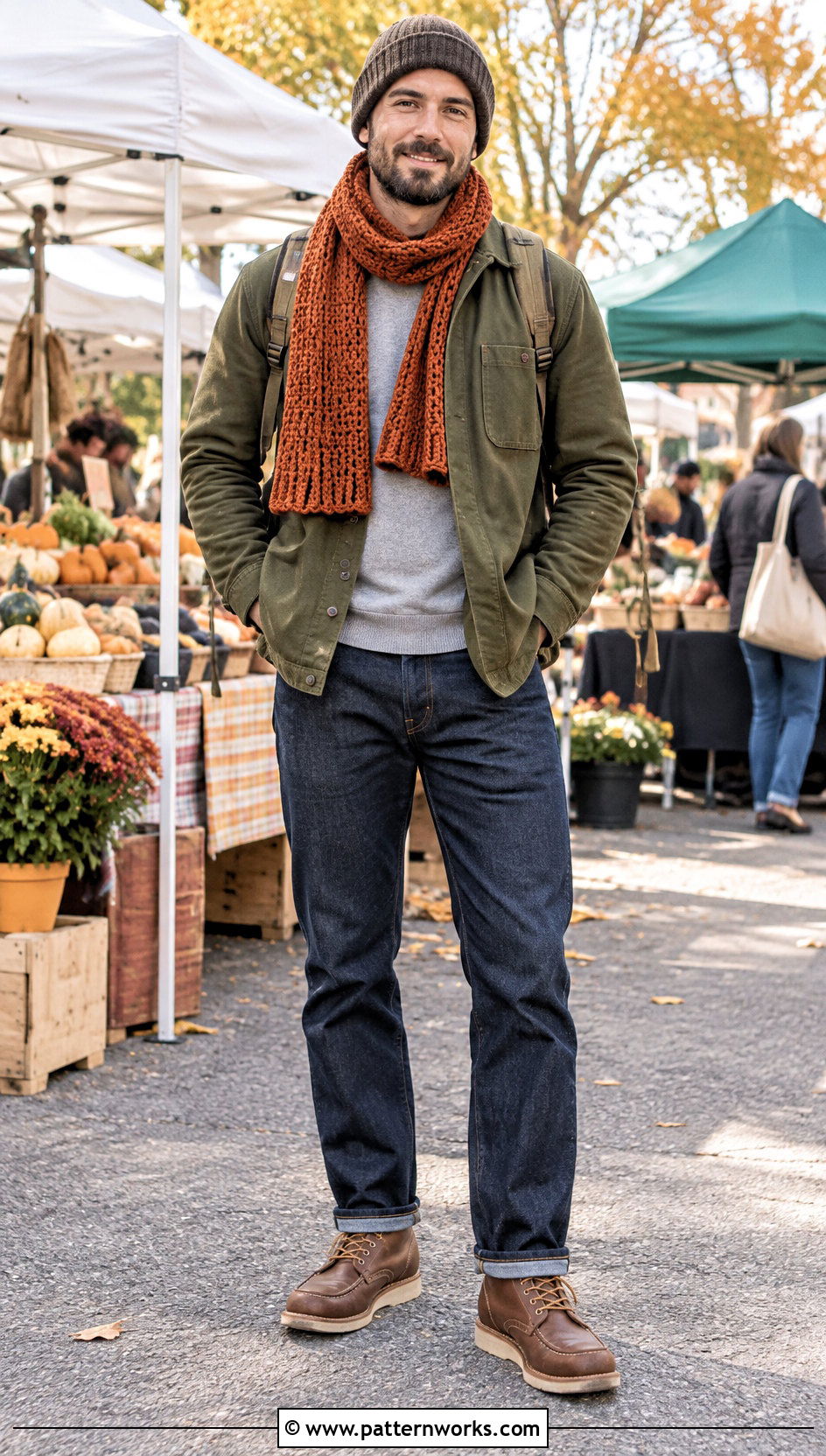 Waffle Stitch Crochet Scarf With Chore Coat - 30 Mens Crochet Scarf outfit ideas