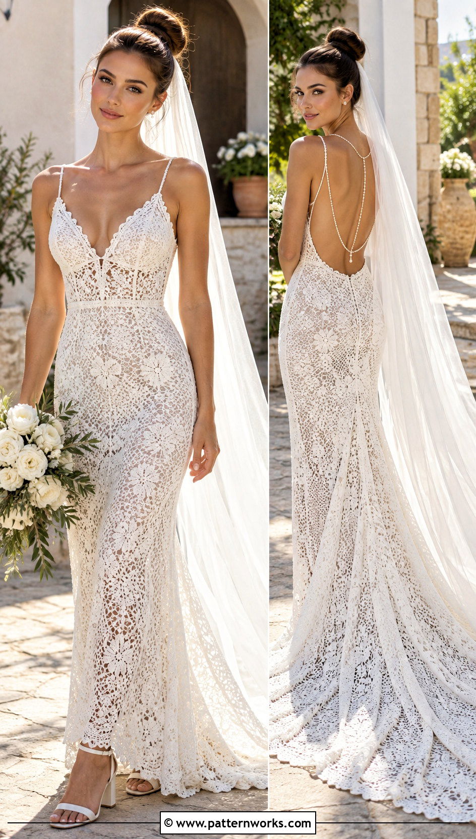 White Backless Crochet Wedding Dress With Pearl Back Necklace - 24 white crochet wedding dress outfit ideas