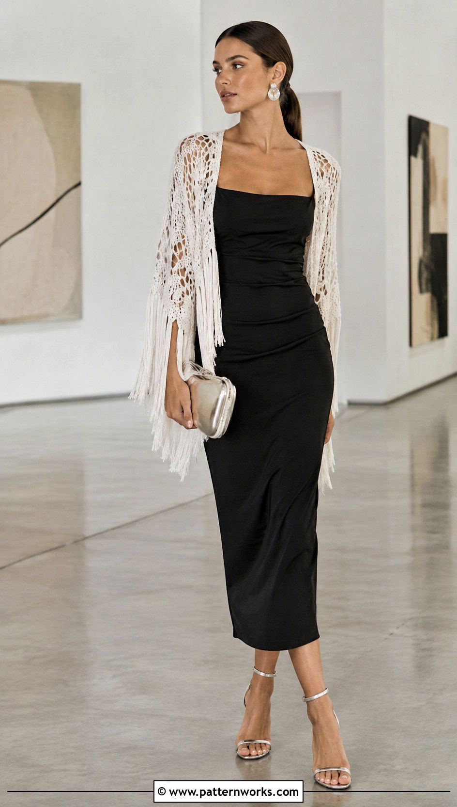 White Crochet Bolero Jacket With Black Column Dress - 18 white crochet bolero jacket outfit ideas