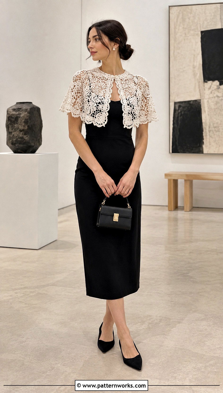 White Crochet Capelet Outfit With Black Midi Dress - 30 crochet capelet outfit ideas