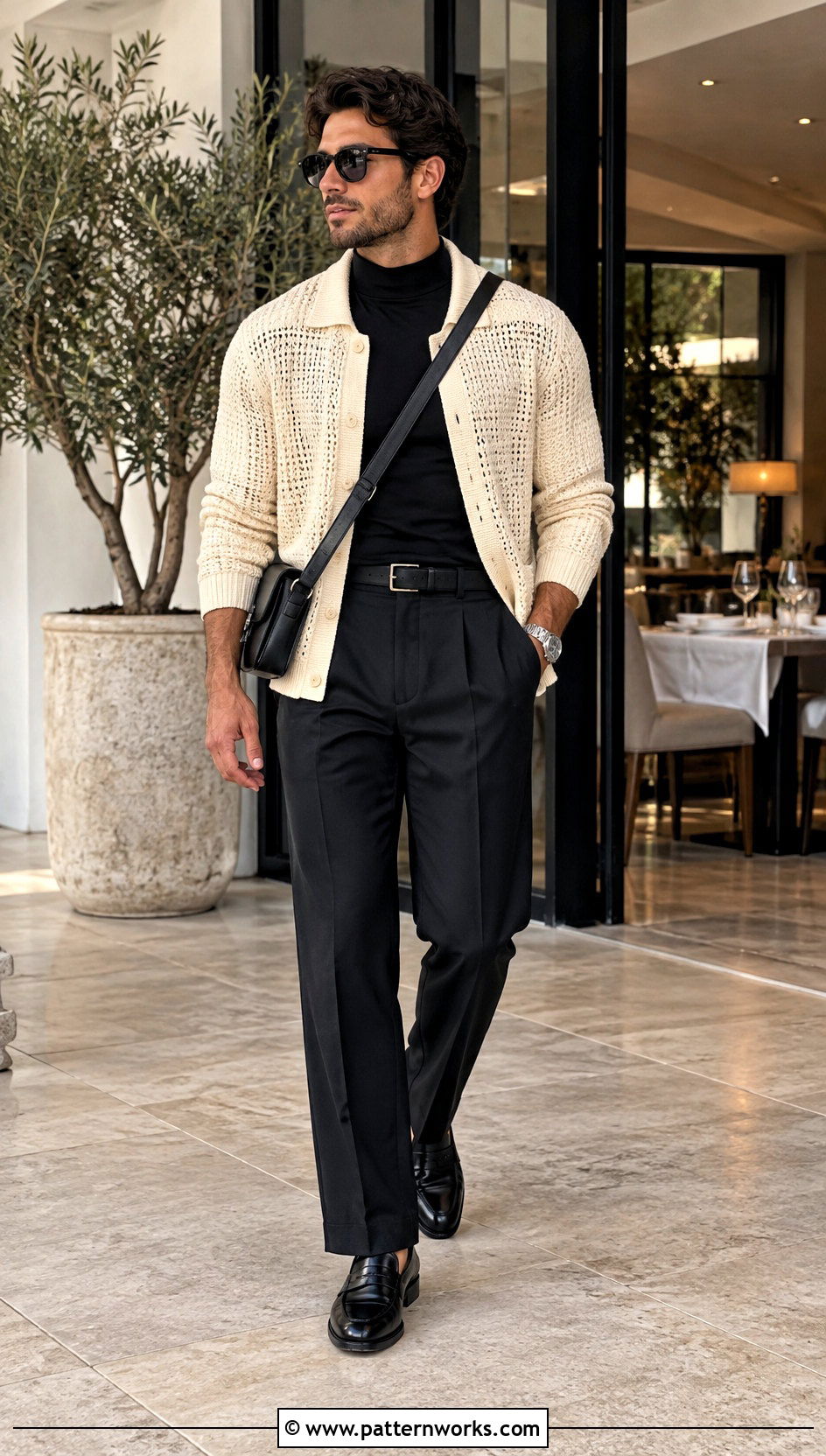 White Crochet Cardigan With Black Pants And Loafers - 30 crochet man cardigan outfit ideas