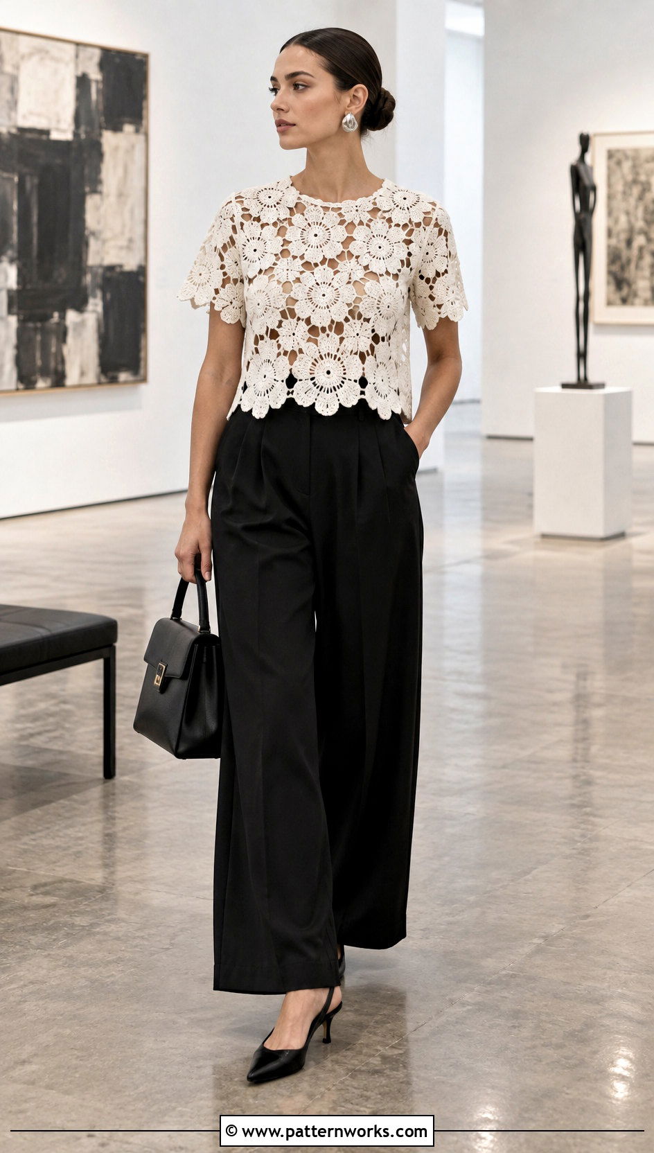 White Crochet Flower Top With Black Trousers - 18 white crochet top with flowers outfit ideas