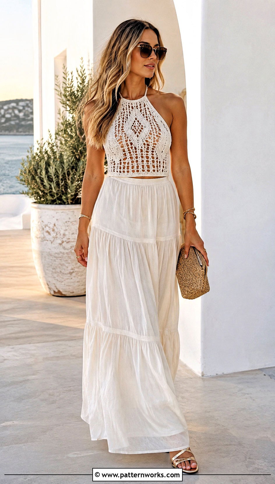 White Crochet Halter Top And Maxi Skirt Set - 30 crochet skirt and top set outfit ideas