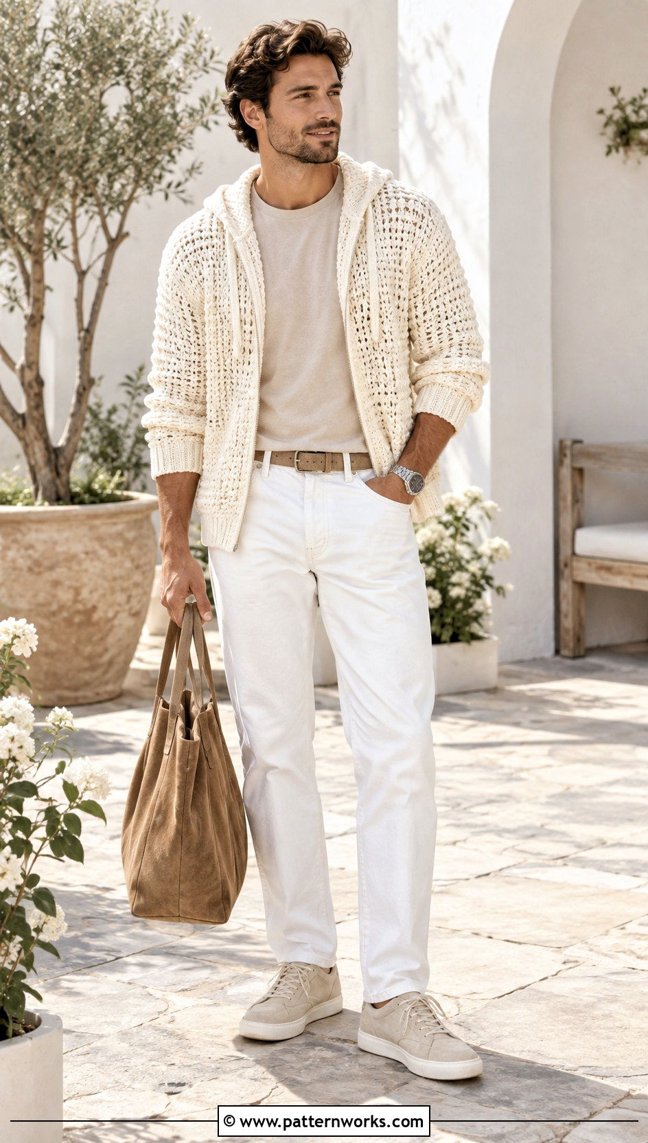 White Crochet Hoodie With White Jeans - 30 crochet hoodie for men outfit ideas