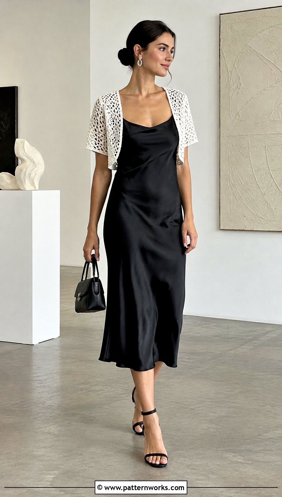 White Crochet Shrug With Black Slip Dress - 24 White Crochet Shrug outfit ideas