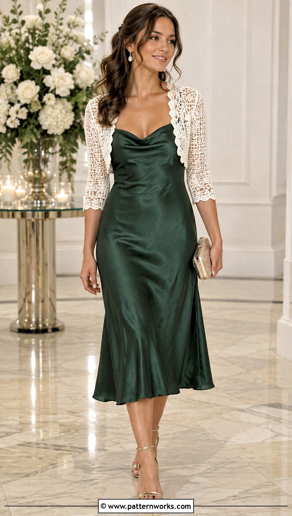 White Crochet Shrug With Satin Midi Dress - 24 White Crochet Shrug outfit ideas
