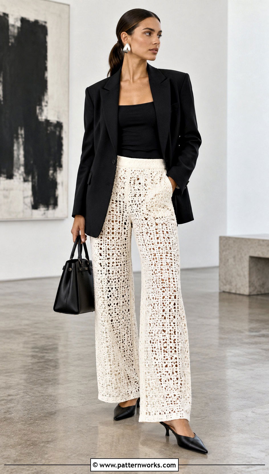White Crochet Trousers With Black Blazer - 24 White Crochet Trousers outfit ideas