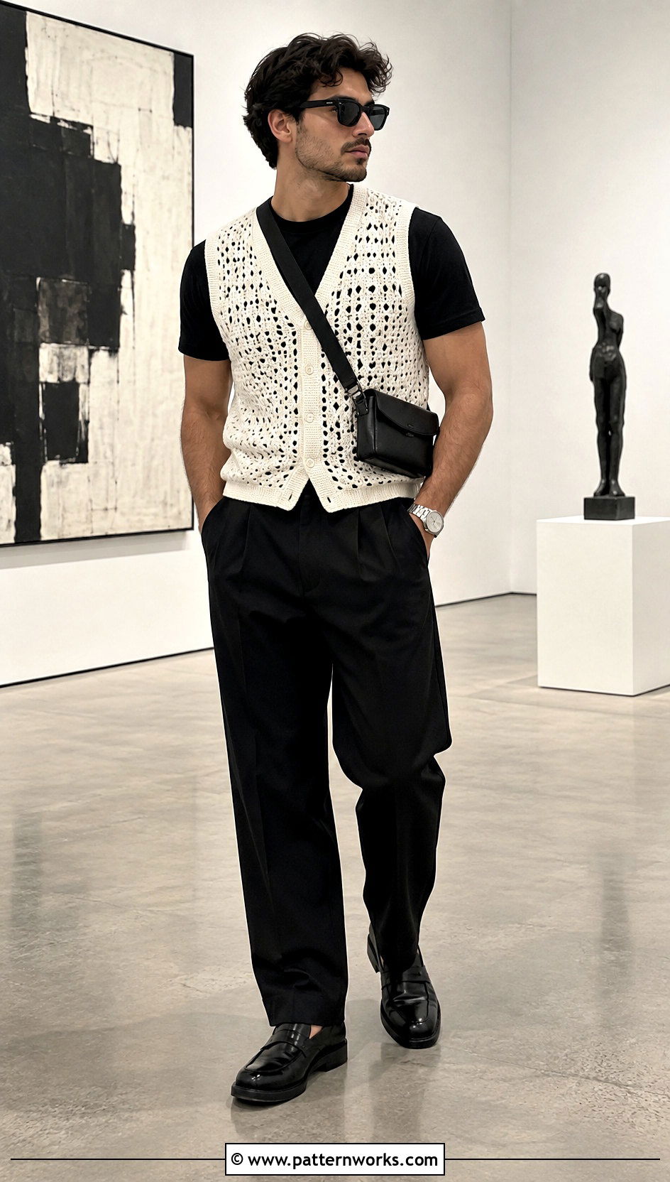 White Crochet Vest With Black Tee And Trousers - 30 men's crochet vest outfit ideas