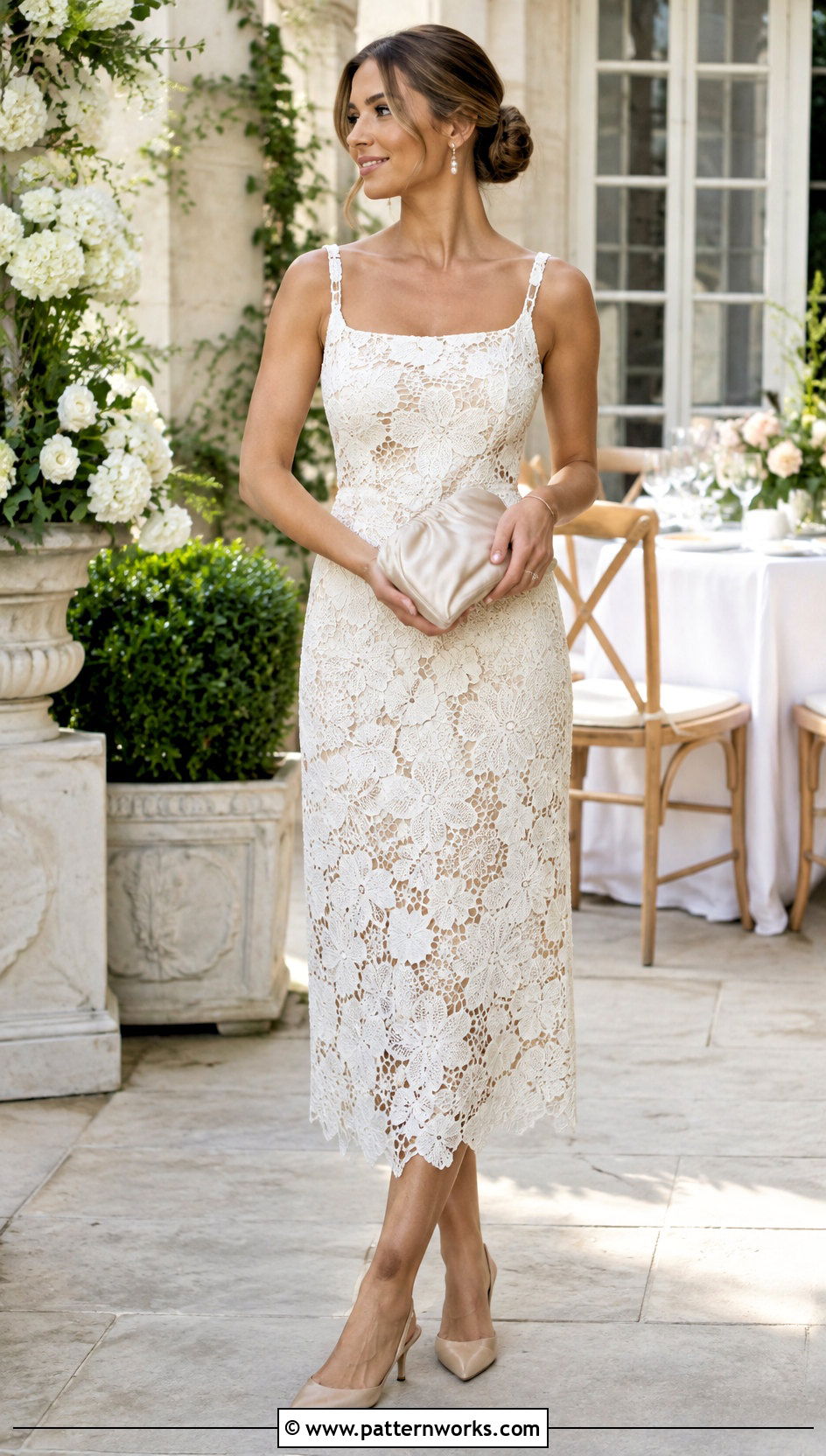 White Lace Crochet Midi Dress With Satin Slip - 30 crochet fancy dress outfit ideas