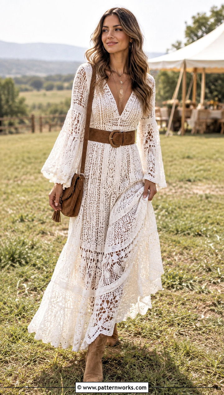 White Long Crochet Dress Boho Outfit With Suede Belt And Boots - 24 white long crochet dress outfit ideas