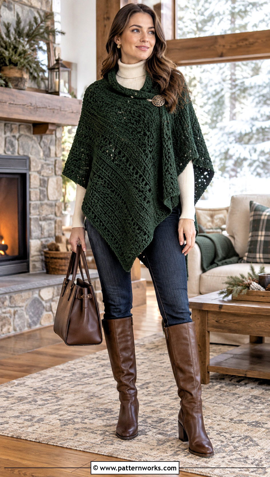 Winter Crochet Ruana With Turtleneck And Jeans - 30 crochet ruana outfit ideas