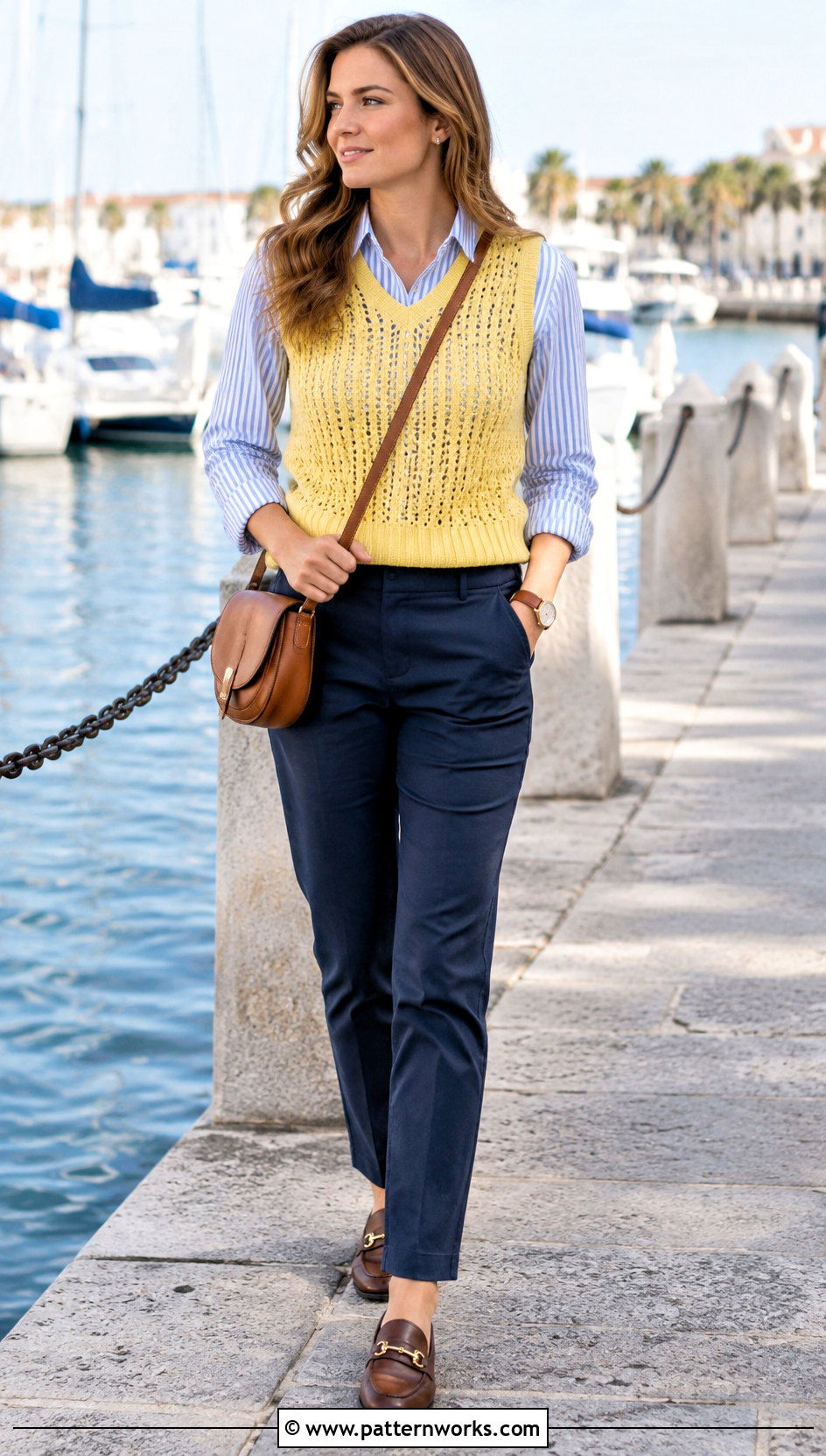 Yellow Crocheted Sweater Vest With Striped Shirt And Chinos - 18 Yellow Crocheted Sweater Vest outfit ideas