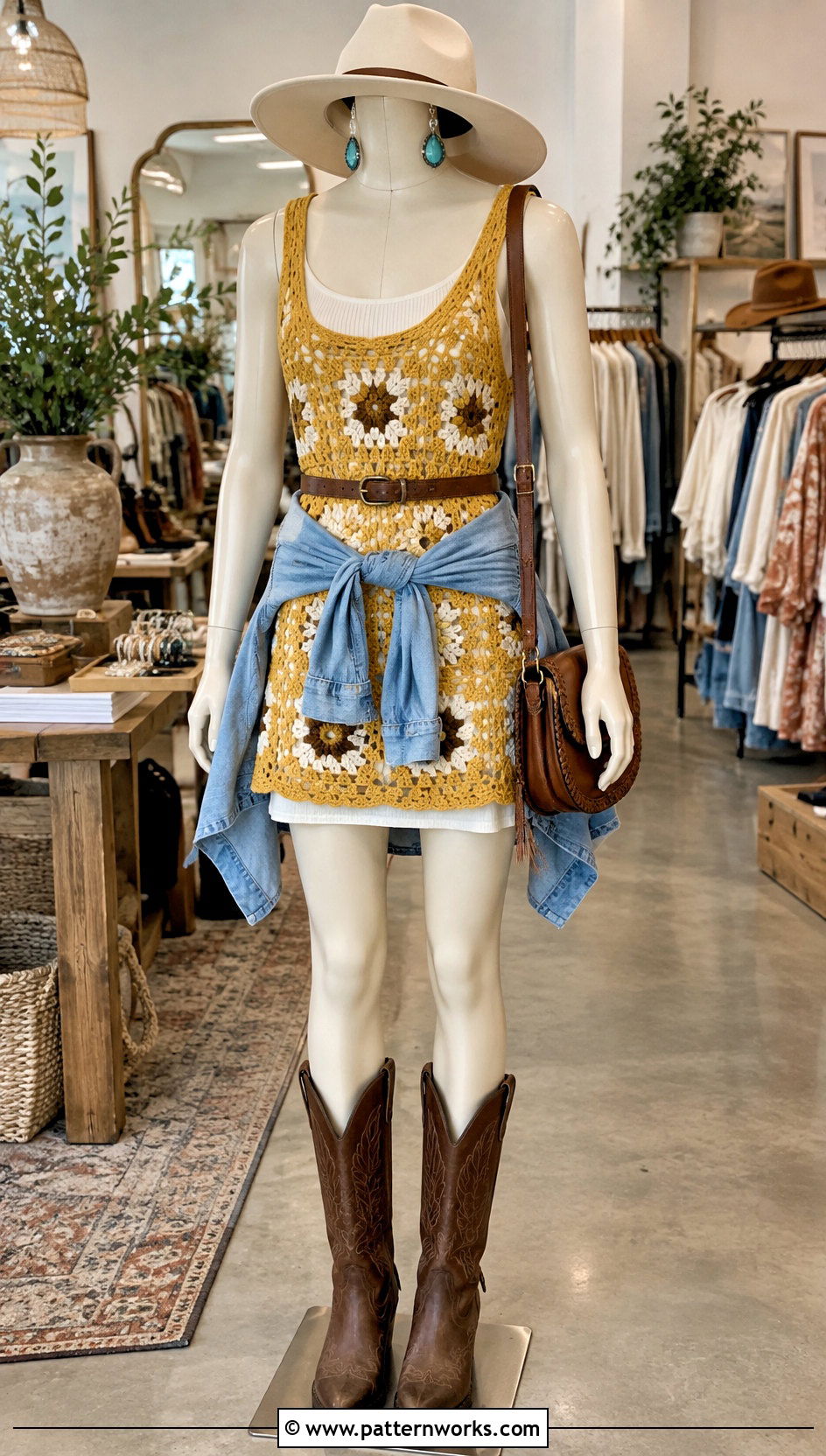 Yellow Granny Square Mini Dress With Cowboy Boots - 18 yellow crochet dress on mannequin outfit ideas