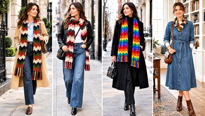 24 Zig Zag Crochet Scarf Outfit Ideas for Colorful Layers