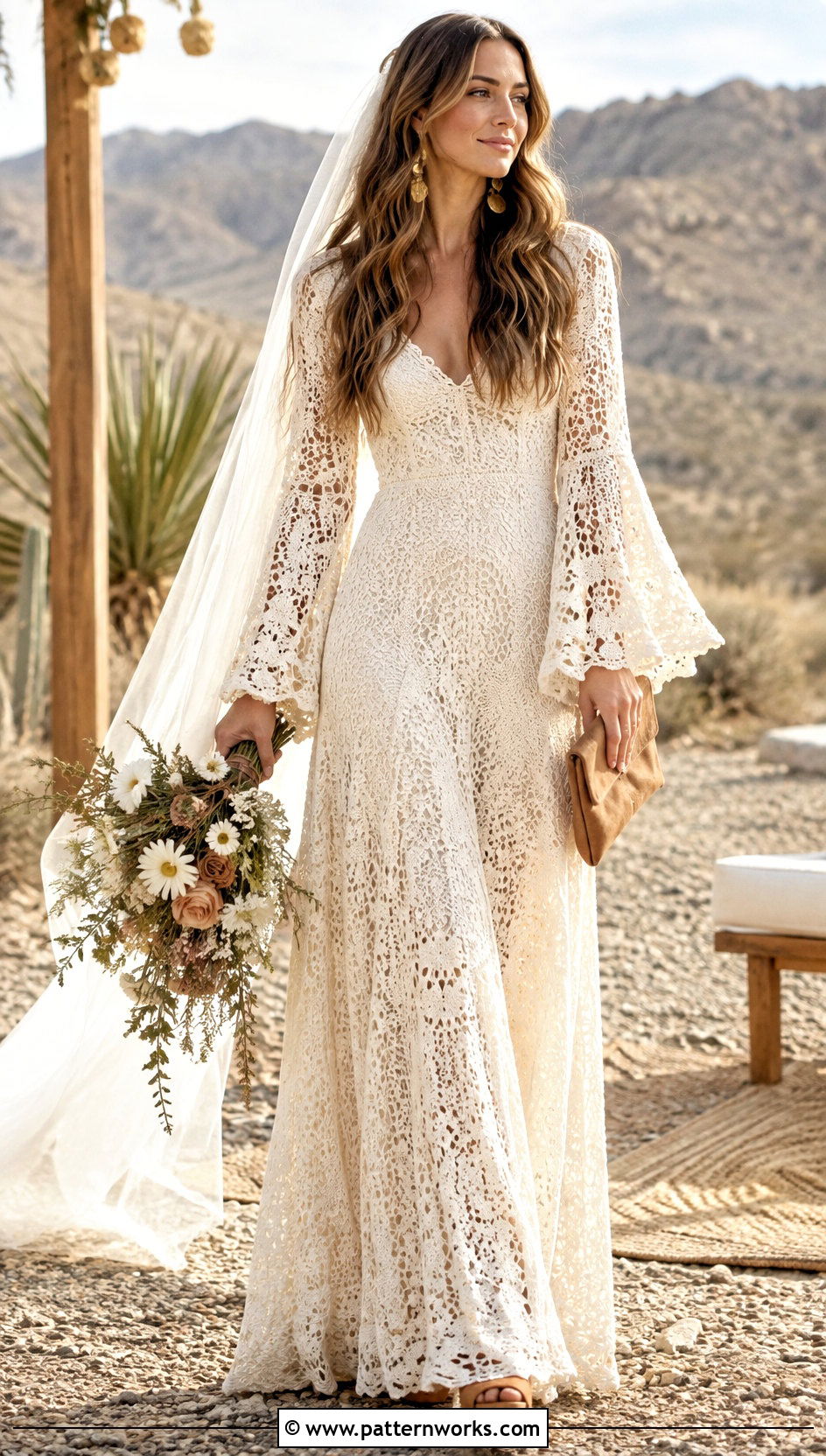 s Bell Sleeve Crochet Wedding Dress With Platforms - 18 vintage crochet wedding dress outfit ideas